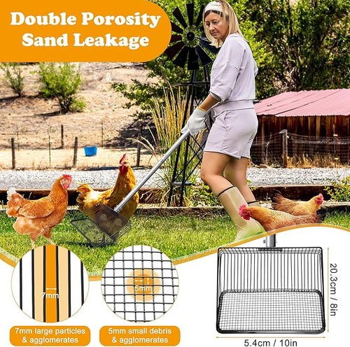 10inch Chicken Poop Scooper, Dual-Specification Pore Chicken Coop Cleaning Tools Come with Gloves Coop Scoop 4 Sections Extended with 22 to 62" Stainless Steel Adjustable Handle