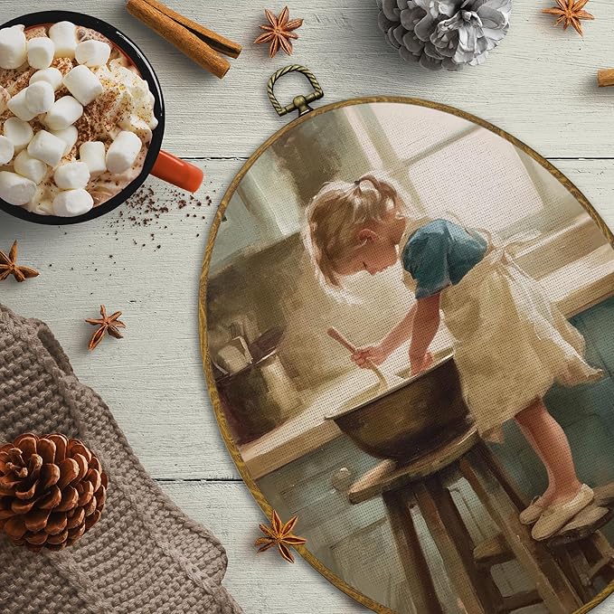 CUANFDDSF Vintage Rustic Kitchen Oval Wall Art Decor, Rustic Farmhouse Wall Hanging Decor, Cozy Cottagecore French Kitchen Little Girl Cooking Framed Canvas Prints for Dining Room Home, 8.6x11.4 Inch