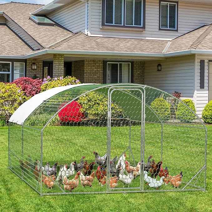 Large Metal Chicken Coop, Walk-in Poultry Cage, Large Chicken Run with Waterproof & Anti-UV Cover, Chicken Coop Run with Lockable Doors for Outdoor, 9.8 x 13.1 x 6.6FT