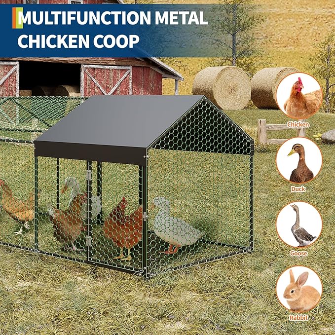 Metal Chicken Coop Outdoor Run, Predator-Proof Poultry Cage with Waterproof & Anti-UV Cover, Secure Hen House with Safety Lock for Backyard, Rabbits, Ducks & Geese, Black 120" X40" X40"