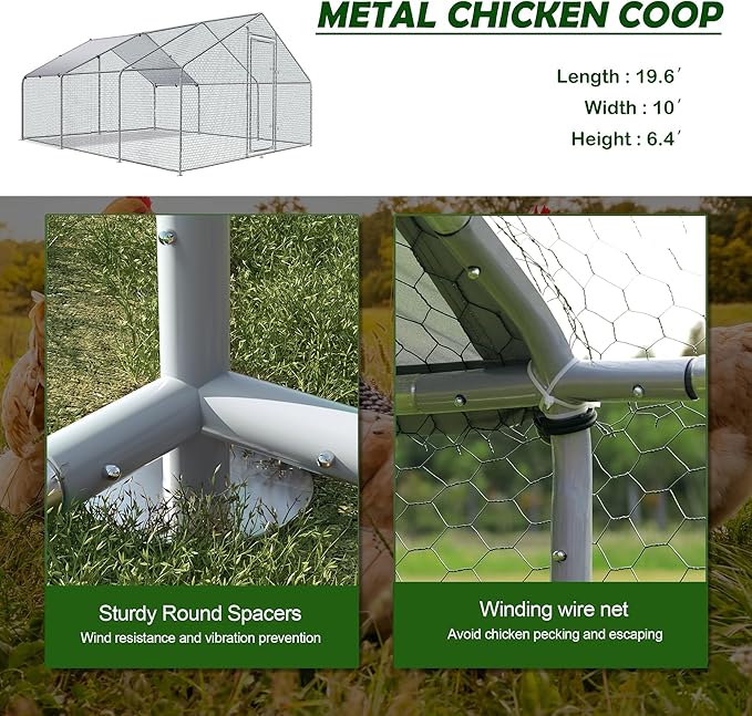 Betterhood Large Metal Chicken Coop Upgrade Tri-Supporting Wire Mesh Chicken Run,Chicken Pen with Water-Resident and Anti-UV Cover,Duck Rabbit House Outdoor(10’ W x 19.5’ L x 6.5’ H)