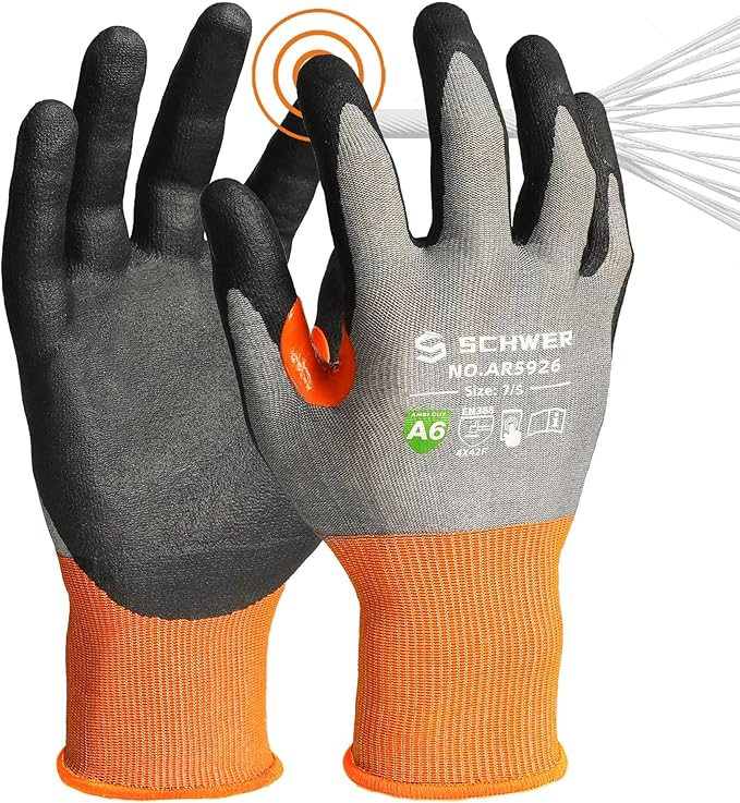 Schwer A6 AIR-SKIN Cut Resistant Work Gloves, Comfortable & Breathable, 21-Gauge Seamless Knit Flexible Safety Working Gloves with Grip for Refined Tasks, Touch-screen, 1 Pair, S, AR5926