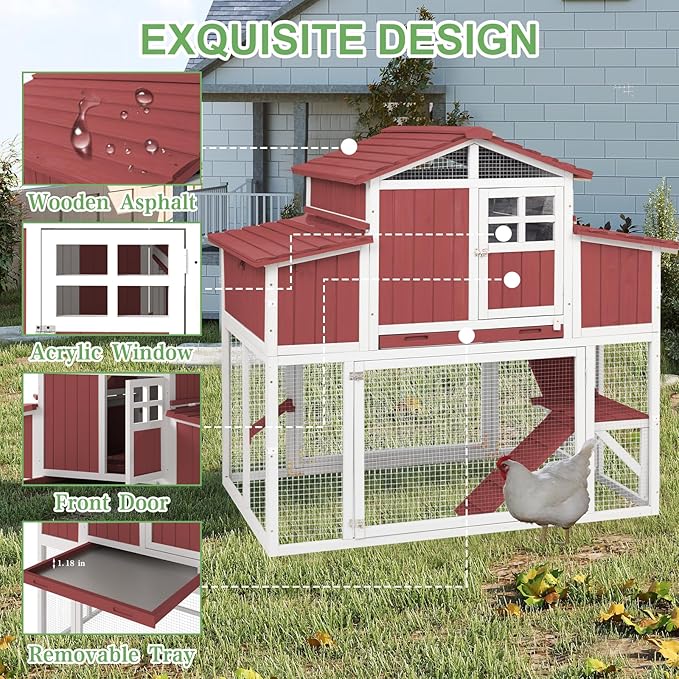 56.03" L 2-Story Chicken Coop with Run,Fir Wood Chicken House Hen House with 2 Large Nesting Boxes,Expandable Poultry Cage for 2-4 Chicken with 4 Perching Bars,Pull-Out Tray,Ramps,RED