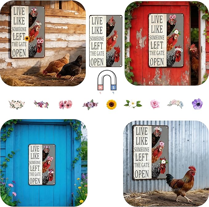 Funny DIY Magnetic Attraction Design,Vintage Chicken Decor Metal Sign, Funny Farmhouse Kitchen Wall Art, Unique Home Decor Gifts for Women, Farmhouse Style Enthusiasts, Retro Chicken Coop Accessories,8*12 Inch (Beige Grey)