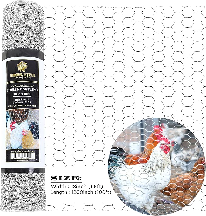 Chicken Wire 18 in x 100 FT x 1” Mesh x 20GA | Poultry Wire Netting | Hot Dipped Galvanised | Hexagonal Galvanized Mesh for Chicken Coop, Rabbit Fence (PM 18 x 100)