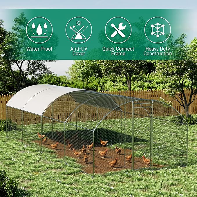 OUYESSIR Outdoor Metal Chicken Coop, Large Walk-in Chicken Run Pen with Waterproof Cover, Rabbit Habitat Dome Roof Poultry Cage for Backyard Farm Use (10'W x 26'L x 6.56'H)