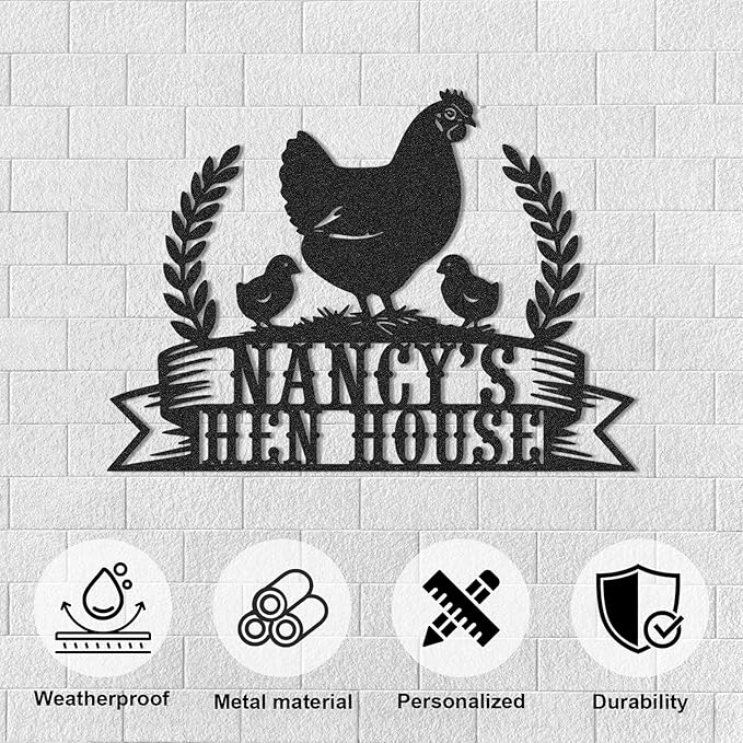 Personalized Chicken Coop Signs, Outdoor Chicken Coop Decor, Vintage Hen House Wall Decor, Custom Metal Name Sign for Farm Yard Garden Home, Gifts for Chicken Lovers Color07