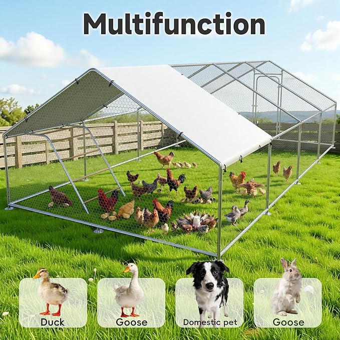 Large Metal Chicken Coop Run with Roosting Perch– Outdoor Waterproof & UV-Resistant Cover for Chickens, Ducks, Rabbits, and Hens in Yard or Farm Use Spire Roof(13.1'Wx26.2'Lx 6.5'H)