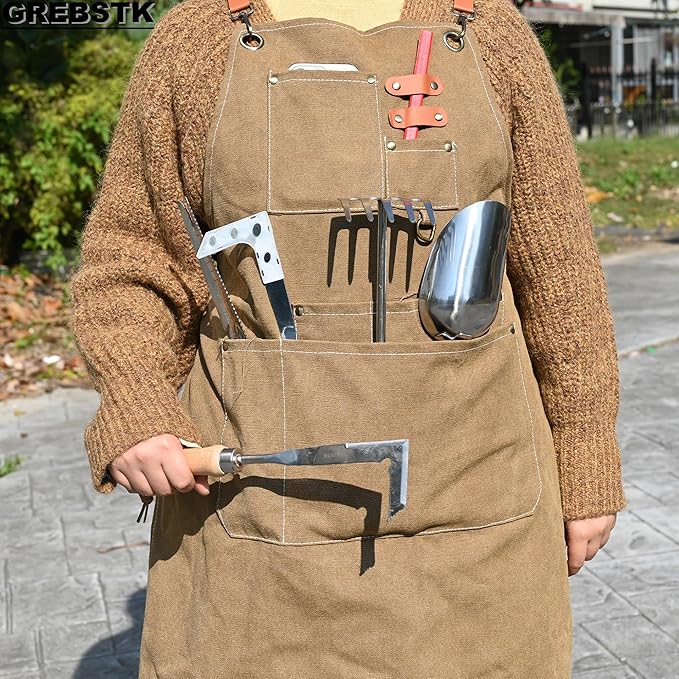 GREBSTK Work Apron Cross Back Adjustable Canvas Tool Apron for Woodworking, Gardening, Cooking