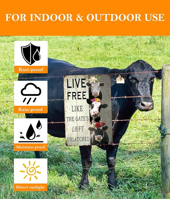 8x12-In Vintage Cow Decor Sign – ‘LIVE FREE LIKE THE GATE'S LEFT UNLATCHED’ – Funny Rustic Metal Wall Plaque for Kitchen, Porch, Cow Shed – Waterproof Gift for Cow Lovers & Moms