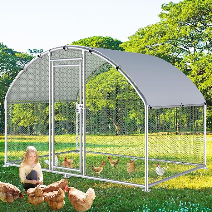 Large Metal Chicken Coop, Chicken Runs for Yard with Cover Walk-in Poultry Cage for 8 10 16 Chickens,Chicken Pen Duck Coop with Round Water-Resident Top and Feeding Door,Hen House 6.4Lx9.84Wx6.23'H FT