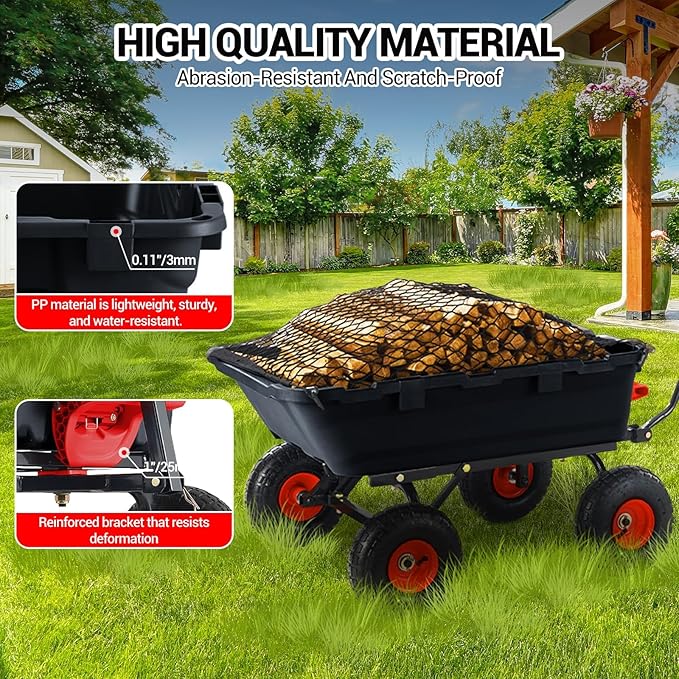 Garden Dump Cart 900 LB Heavy Duty,10" Pneumatic Tires & 180° Adjustable Handle with Quick Release, Utility Yard Wagon for Farm and Outdoor Use