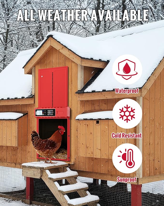 Automatic Chicken Coop Door Solar Powered with XL Large Size 10.8″x 14.2″ Red Auto Chicken Door Design with USB-C Charging & 3 Modes, Anti-Pinch & Aluminum Alloy Weather Proof