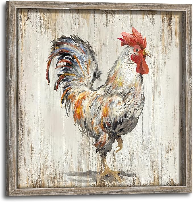 Rooster Wall Art Wooden Decor: Farm Animal Rustic Framed Print Picture Farmhouse Chicken Print Artwork Decorations Rustic Country Kitchen Painting for Home Living Room Bedroom 16 x 16 Inches