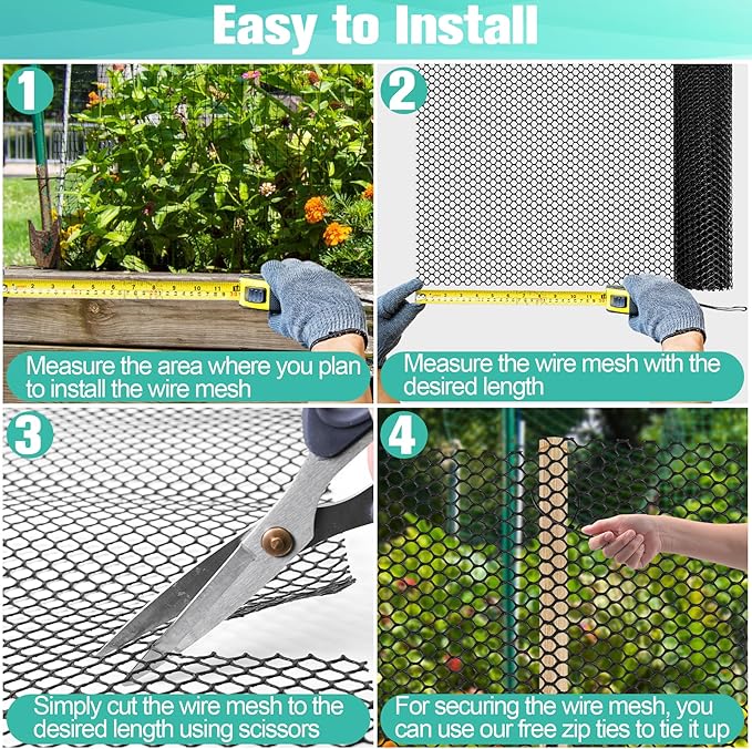Plastic Mesh Fence Sheet 15.7IN x 10FT - 0.3IN Opening Plastic Chicken Wire Netting Roll Durable for Dogs, Poultry, Puppy, Garden Snake Barrier with 50 Pcs Zip Ties - Black