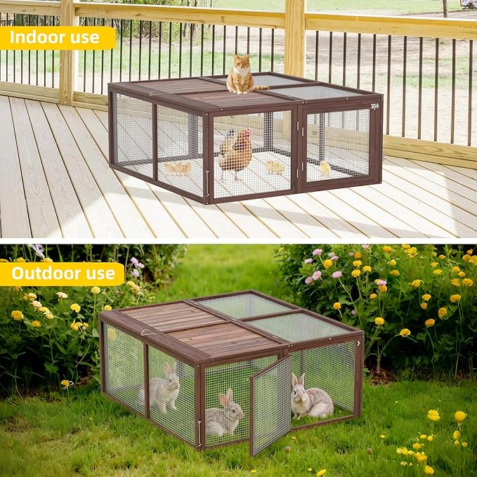 Portable Chicken Run Rabbit Hutch Folding Chicken Cage for Indoor/Outdoor,Top & Side Opening Doors Small Animal Pet Playpen No Assembly Required Poultry Pen 45"x 42"x 20" (Brown)