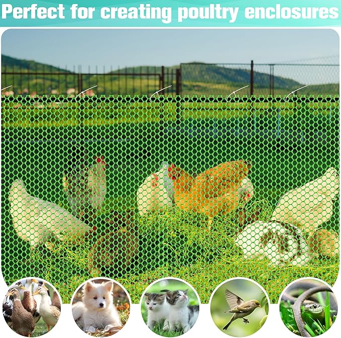 Plastic Mesh Fence Sheet 15.7IN x 10FT - 0.3IN Opening Plastic Chicken Wire Netting Roll Durable for Dogs, Poultry, Puppy, Garden Snake Barrier with 50 Pcs Zip Ties - Green