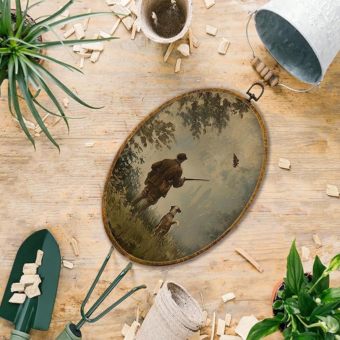Hiuwevt Vintage Rustic Farmhouse Oval Wall Art Decor, Country Hunting Framed Canvas Prints, Moody Forest Hunter and Dog Oval Wall Hanging Decor for Bedroom Living Room Decorations, 8.6x11.4 Inches