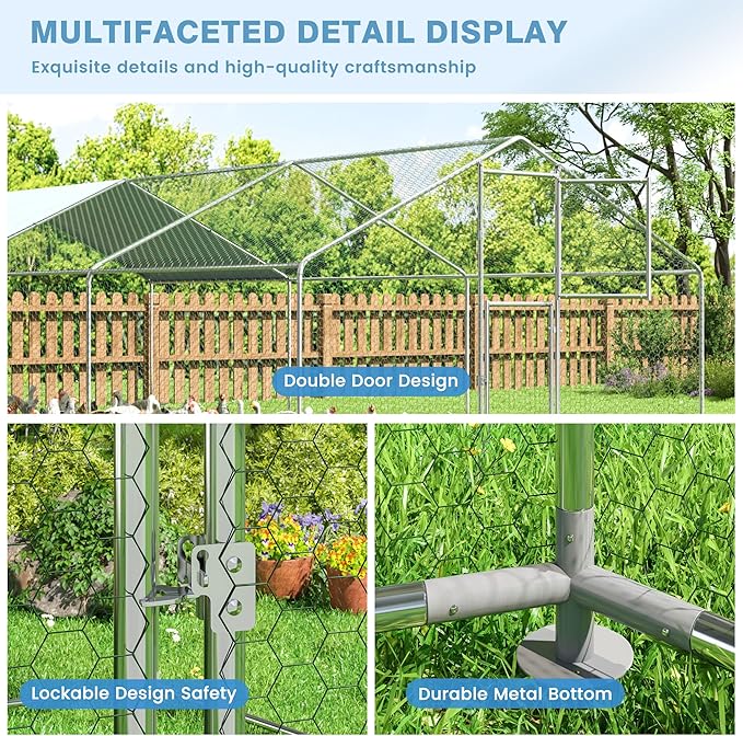 Polar Aurora Metal Chicken Coop, Large Outdoor Chicken Pen, Walk-in Chicken Run for 6-20 Chickens, Double Door Chicken House with Waterproof UV Protection Cover for Backyard (Spire-L)