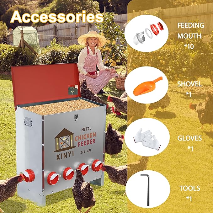 XINYI Automatic Metal Chicken Feeder, 27.6 Gallon Large Capacity with 10 No Waste Ports, Gravity Feeder with Locking Lid & Riveted Handles, Rodent Proof and Weatherproof for Your Chicken Coop