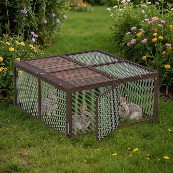 GOJOOASIS Wooden Chicken Coop Pen Folding Rabbit Run Portable Chicken Cages for Outside Chicken Enclosure Outdoor Duck Coop with 2 Accesses & Ventilating Wire for Garden Backyard (Carbonized Wood)