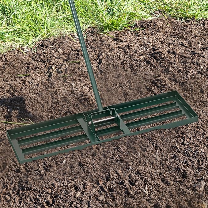 Happygrill Lawn Leveling Rake, Heavy Duty Lawn Level Tool for Soil w/67” Handle, Dirt Ground Leveler, Effort-Saving Landscape Rake for Garden, Backyard, Golf Course, Farm, Pasture (36" x 10", Green)