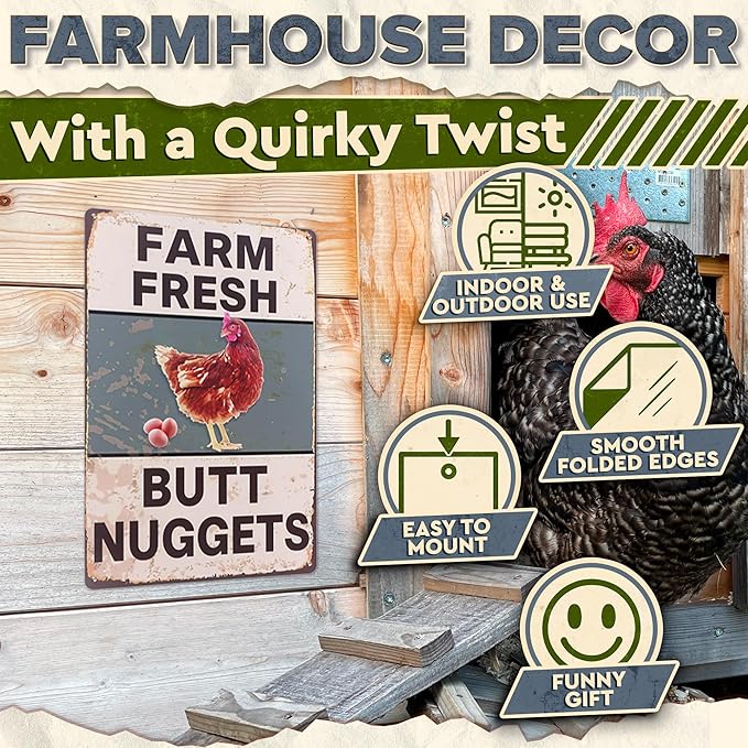 Metal Funny Chicken Coop Signs for Outside 8x12 in – Farm House Kitchen Decorations – Rustic Tin Farmhouse Wall Art and Vintage Chicken Decor for Kitchen, Porch, Barn, Backyard, Garden or Country Home