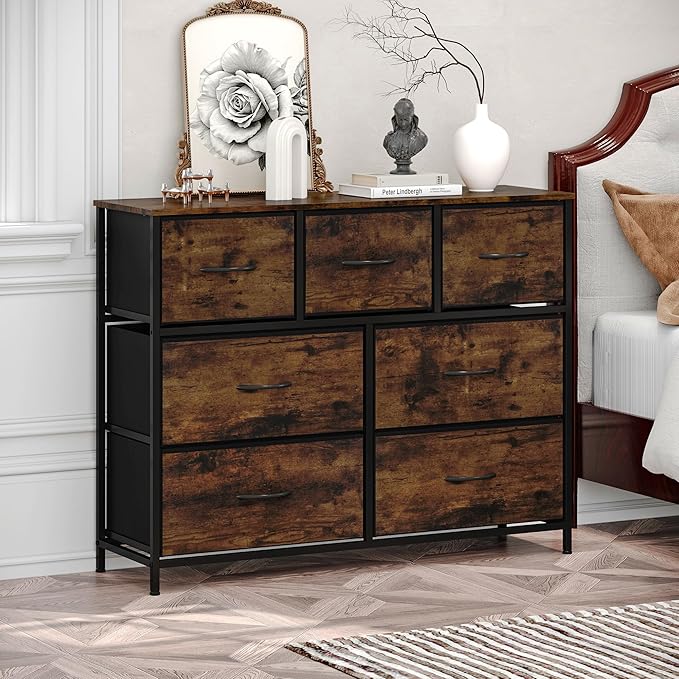 WelFurGeer 7-Drawer Fabric Dresser with Metal Frame, Dressers & Chests of Drawers, White Chest of Drawers for Bedroom, Hallway, Entryway, Closets, Kids Room Organization, Brown