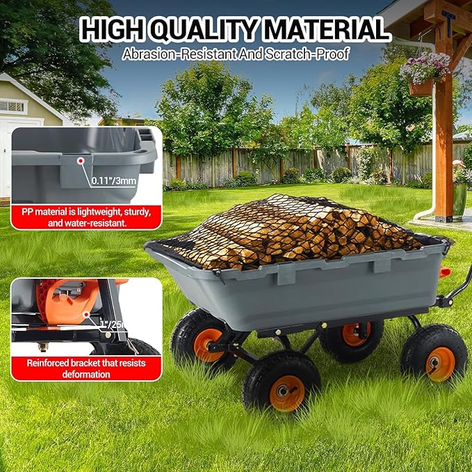 Garden Dump Cart 900 LB Heavy Duty,10" Pneumatic Tires & 180° Adjustable Handle with Quick Release, Utility Yard Wagon for Farm and Outdoor Use