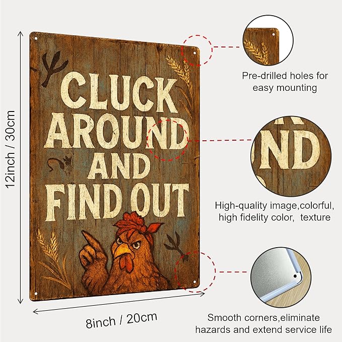 Metal Chicken Coop Signs, Outdoor Funny Yard Decorations, “Cluck Around and Find Out” Sign for Farmhouse Wall Decor, Gifts for Chicken Lovers Women – 8x12 Inch