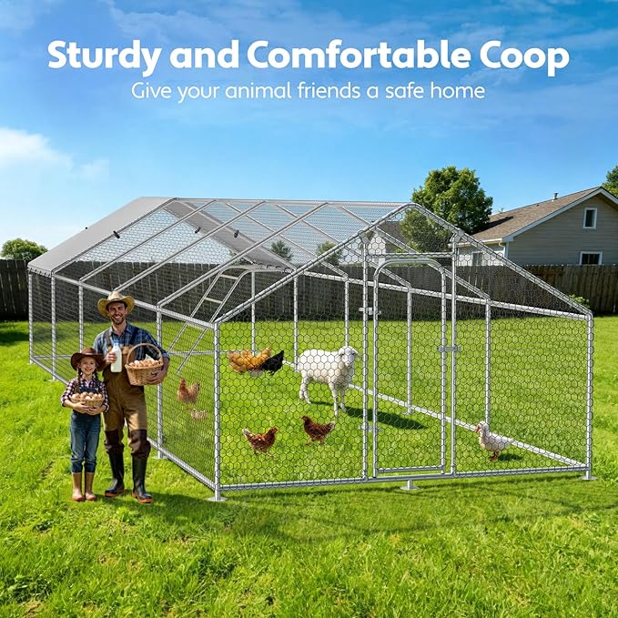 Large Metal Chicken Coop with Roosting Perch, Waterproof and UV Protection Cover, Chicken Run Outdoor Walk-in Cage Chicken Rabbit Duck Hen House, Dome Roof (10'W x 32.8'L x 6.4'H)