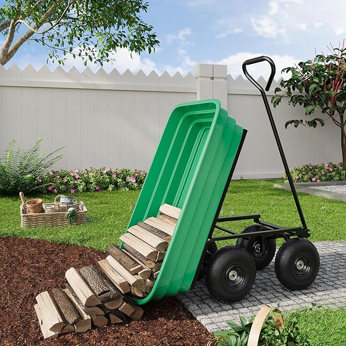 Heavy Duty Garden Dump Cart 1200 lbs, 6 Cu.Ft. Yard Wagon with 13" All-Terrain Wheels, Quick-Release Tipping, Pivoting Handle for Gardening, Lawns, Farms – Green Bucket + Black Iron Handle |
