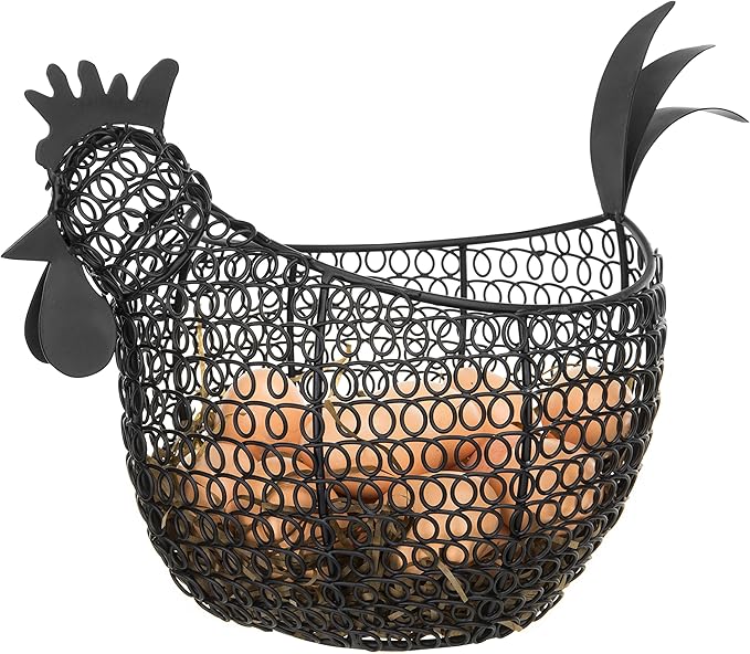 MyGift Egg Holder Countertop, Chicken Shaped Wire Egg Gathering Basket, Farmhouse Home Decor Display Storage Collecting Basket, Black