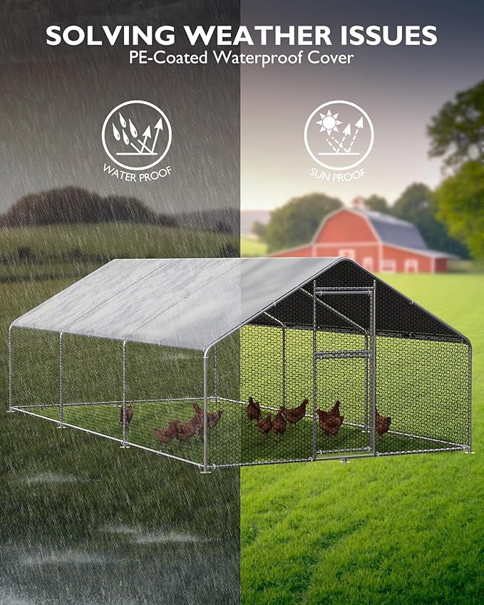 GarveeLife Chicken Coop, Large Chicken Coop for 20/30 Chickens, Metal Chicken Coop with Waterproof and Anti-UV Cover, Outdoor Chicken Coop Run, 19.7 x 9.8 x 6.4 Ft