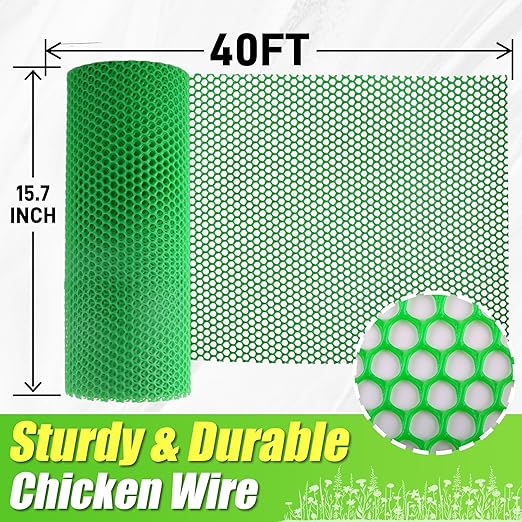 Garden Fence Green Plastic Mesh- 16in x 40ft Plastic Chicken Wire Plastic Netting for Floral Arrangements, Poultry, Animal Barrier, Gardening,Rabbit Fence