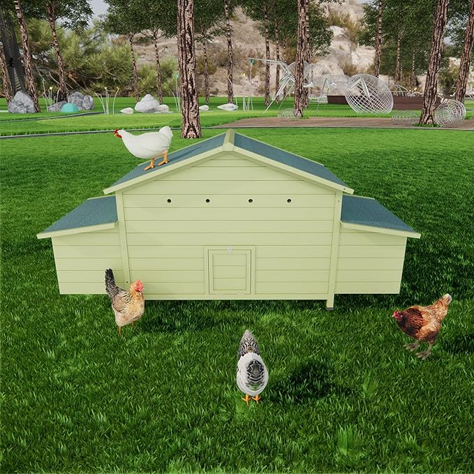 11.12 ft² Large Wooden Chicken Coop,Outdoor Hen House with 2 Free-Range Doors, 2 Nesting Boxes, Predator Protection, Ventilation, and Chicken Perch - Moisture-Proof Design for Poultry Green