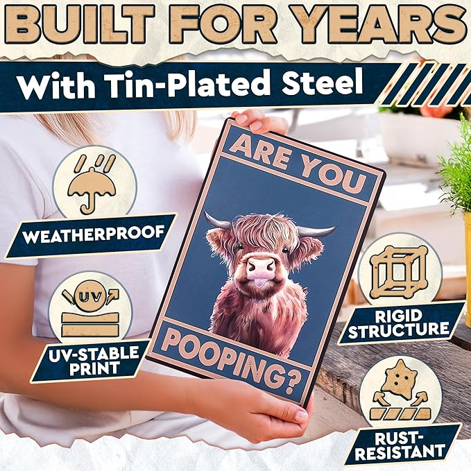 Are You Pooping Highland Cow Sign - Funny Bathroom Decor Metal Sign with Anti-Rust Coating 12x8 Inch - Highland Cow Decor for Home, Metal Wall Plaque for Toilet, Tin Wall Art – Farmhouse Funny Bathroom Art