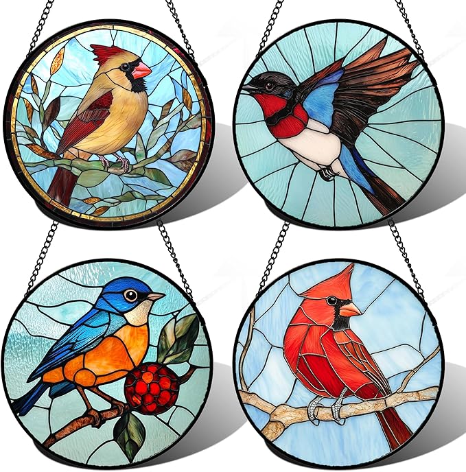 Stained Glass Window Hanging 4 Pcs Set Cardinal Blue Birds Large 15" - Suncatcher Door Garden Sun Catcher Decor Birthday Mother's Day for Bird Lovers Men Woman Nana Friend