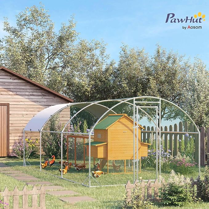 PawHut Large Chicken Coop Metal Chicken Run with Waterproof and Anti-UV Cover, Dome Shaped Walk in Fence Cage Hen House for Outdoor and Yard Farm Use, 1" Tube Diameter, 9.2' x 18.7' x 6.5'