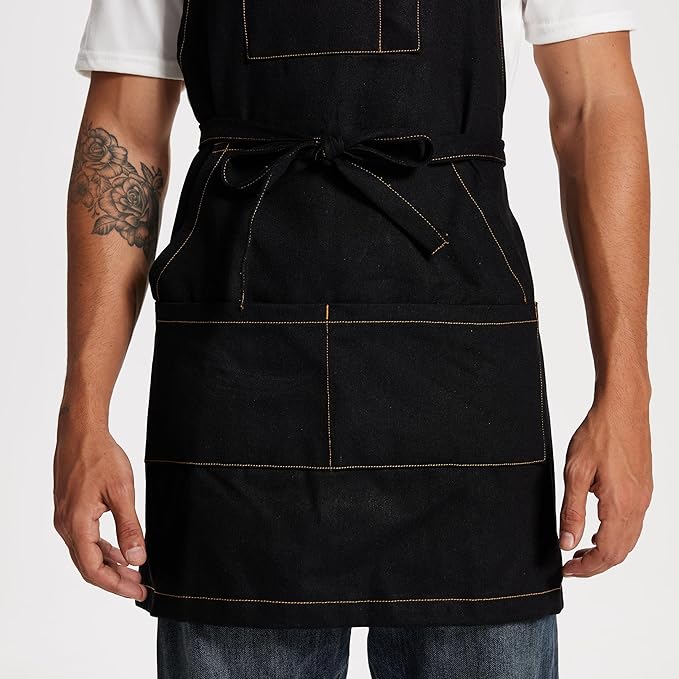 Chef Apron for Men Women with Large Pockets, Adjustable Denim Apron for Cooking, Baking, Gardening