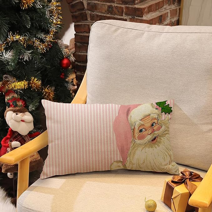 Pink Nostalgic Adorable Santa Pillow Covers Christmas Stripes Pink Throw Pillow Cover, 12 x 20 Inch Christmas Cushion Case Decoration for Sofa Couch