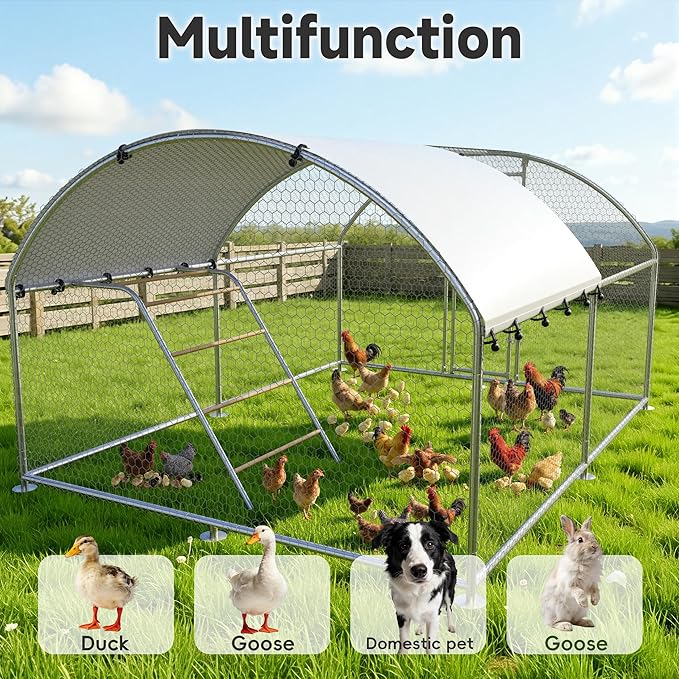 Large Metal Chicken Coop with Roosting Perch Walk-in Poultry Cage Chicken Run Duck House Chicken Pen Dome Shaped Coop with Waterproof Cover for Outdoor Backyard Farm Use(10' L x 13.2' W x 6.4' H)