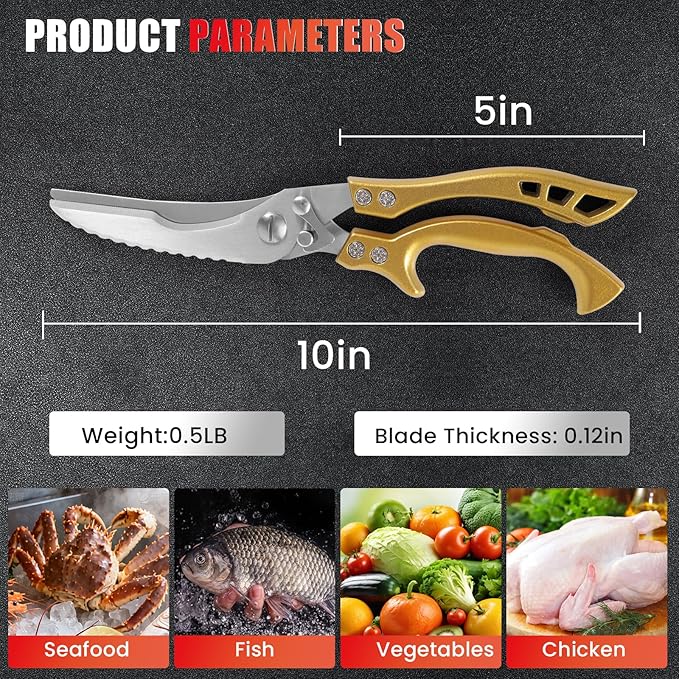 ANDONG Heavy Duty Kitchen Poultry Shears with Serrated Edge, Spring Loaded Kitchen Scissors, Professional Chicken Shears, Gold