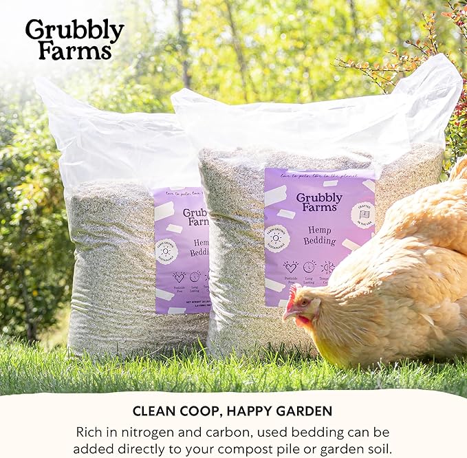 Grubbly Farms Hemp Bedding for Chickens - 99% Dust Free Chicken Coop Bedding with Odor Control, Moisture Absorption and Temperature Regulation - Naturally Sourced, Long Lasting - USA-Grown, 2.5 cu ft