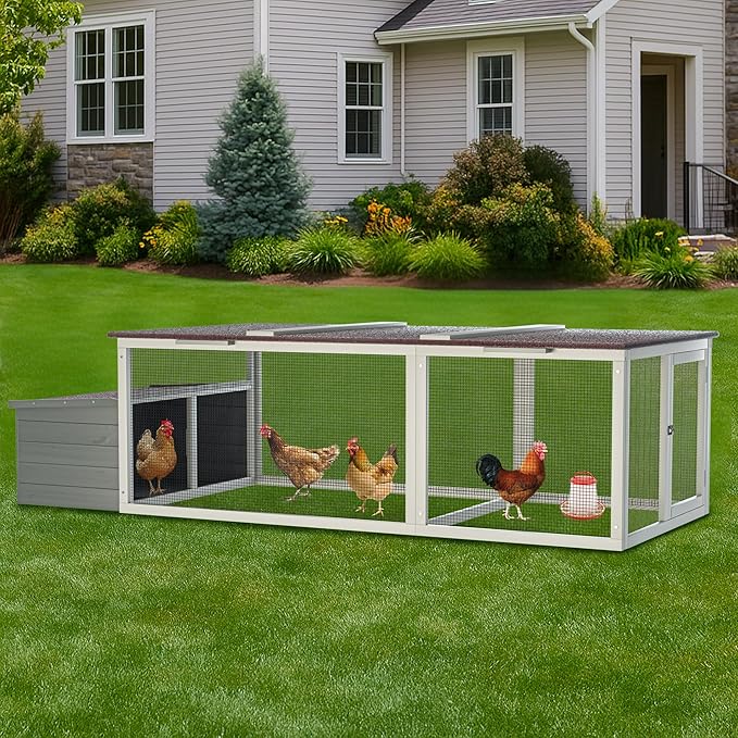 Large Wooden Chicken Coop,Outdoor Hen House with Nesting Box and Weatherproof Asphalt Roof,Walk-in Poultry Cage W/Secure Locks,Metal Mesh Run for Backyard Farm Use,Easy Assemble,Gray