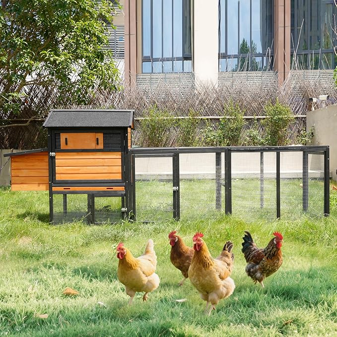 Chicken Coop with Run,Large Outdoor Chicken House with Nesting Box for 2-6 Chickens,Outdoor Wooden Hen House Poultry Pet Hutch Run Cage (Brown+Black)