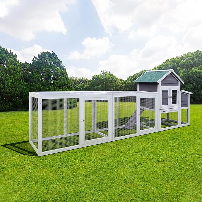 KEIKI 122＂Large Wooden Chicken Coop with Run and Nesting Box, Outdoor Hen House, Wooden Poultry Cage Wire Fence Poultry Cage