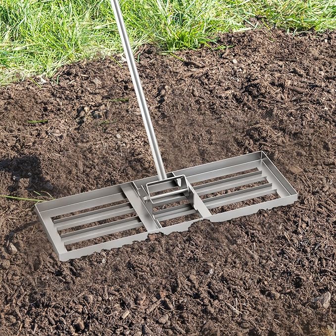 Happygrill Lawn Leveling Rake, Heavy Duty Lawn Level Tool for Soil w/67” Handle, Dirt Ground Leveler, Effort-Saving Landscape Rake for Garden, Backyard, Golf Course, Farm, Pasture (30" x 10", Silver)