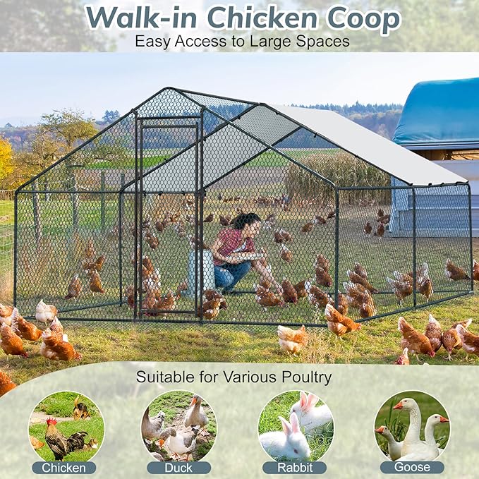Outvita Chicken Coop, 13×10 FT Large Metal Chicken House, Poultry Habitat Cage with Waterproof Cover, Walk-in Chicken Run Pen for Small Animals Yard Farm Patio（Black Electrophoresis Process）