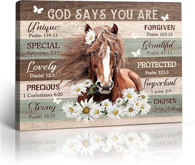 Motivational Horse Decor Wall Art For Girls Room Farmhouse Horse Daisy Wall Decor Western Bible Verse Animal Pictures Canvas Prints Painting Framed Modern Artwork For Bedroom Living Room 12"X16"